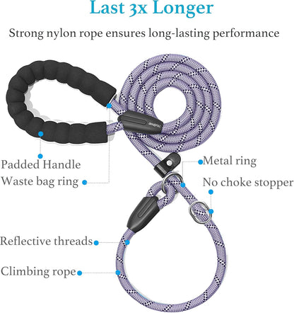 Durable Slip Lead Dog Leash with Padded Handle and Highly Reflective Threads, No Pull Dog Training Leash, (1/2" X 6 FT, Lavender)